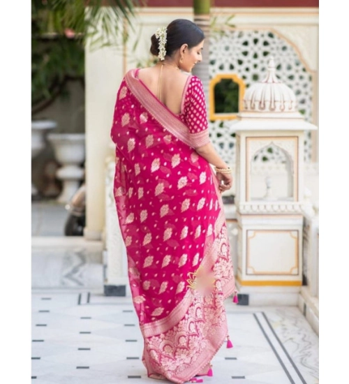 Generic Women's Soft Lichi Silk Printed Saree With Unstitched Blouse 5.5Mtr (Pink)