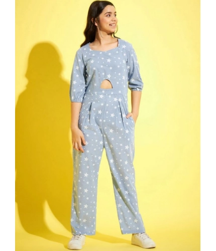 Generic Girl's Cotton Printed 3-4th Sleeve Jumpsuit (Blue - White)