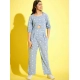Generic Girl's Cotton Printed 3-4th Sleeve Jumpsuit (Blue - White)