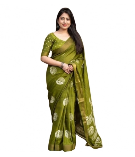 Generic Women's Cotton Silk Printed Saree With Unstitched Blouse 5.5Mtr (Green)