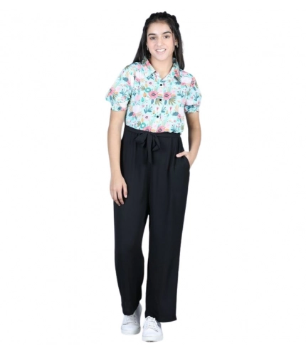 Generic Girl's Polyester Floral Short Sleeves Jumpsuit (Green-Black)