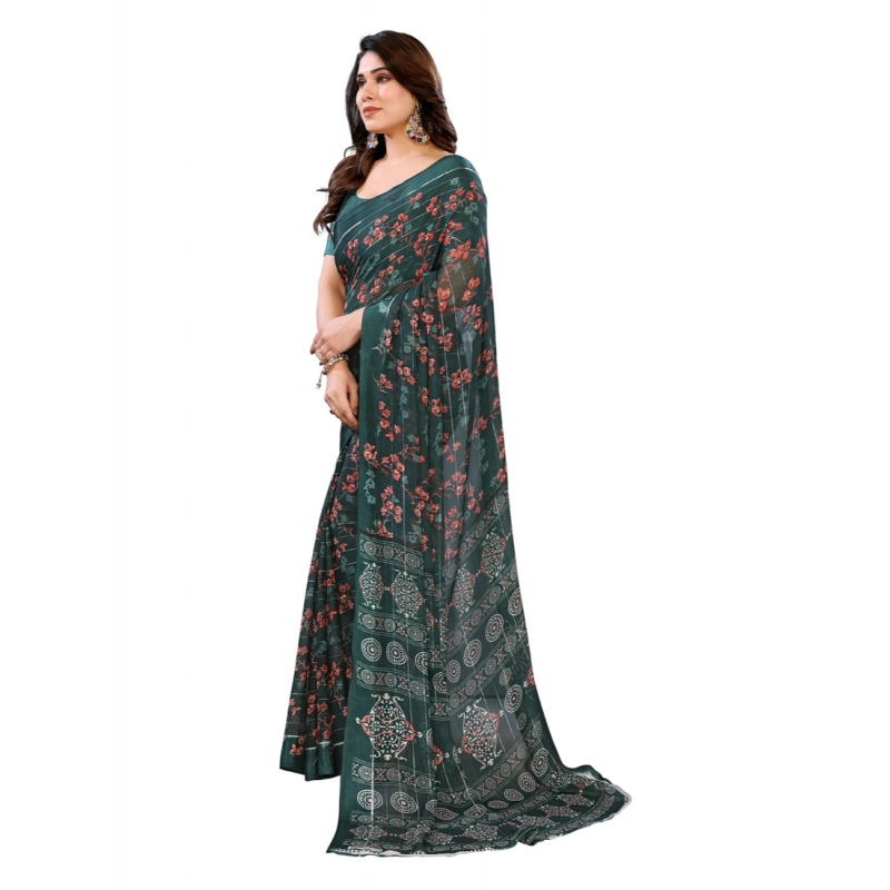 Women's Georgette Printed Saree With Unstitched Blouse 5.5Mtr (Green)