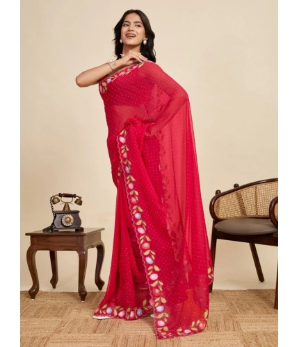 Generic Women's Georgette Printed Saree With Unstitched Blouse 5.5Mtr (Red)