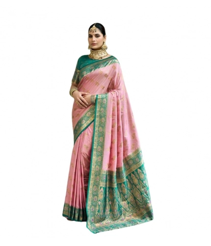 Generic Women's Silk Blend Booti Work Ready to wear Saree With Unstitched Blouse 5.5Mtr (Peach)