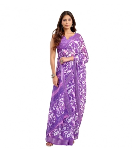 Generic Women's Faux Linen Floral Print Ready to wear Saree With Unstitched Blouse 5.5Mtr (Purple)
