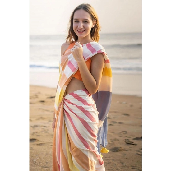 Generic Women's Linen Printed Saree With Unstitched Blouse 5.5Mtr (Yellow)