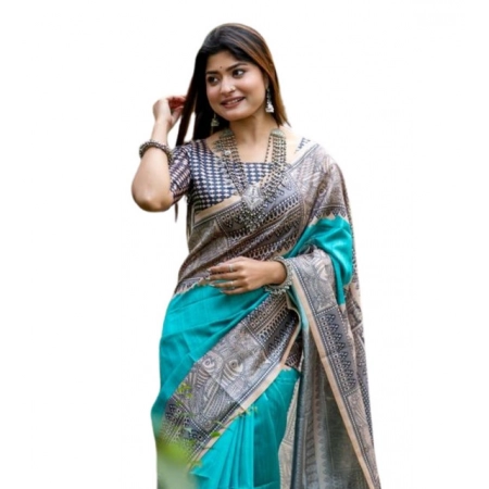 Generic Women's Faux_Tussar Geometric_Print Saree With Unstitched Blouse 5.5Mtr (Rama_Green) Generic Women's Faux_Tussar Geometric_Print Saree With Unstitched Blouse 5.5Mtr (Rama_Green)