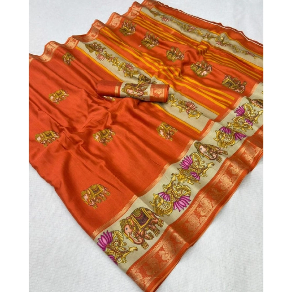Generic Women's Dola Silk Printed Saree With Unstitched Blouse 5.5Mtr (Orange)