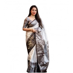 Generic Women's Soft Lichi Silk Printed Saree With Unstitched Blouse 5.5Mtr (Off-White)
