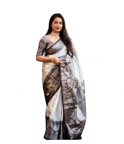 Generic Women's Soft Lichi Silk Printed Saree With Unstitched Blouse 5.5Mtr (Off-White)