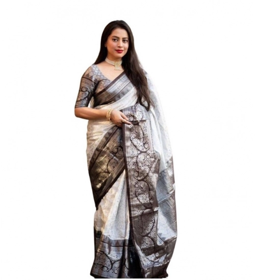 Generic Women's Soft Lichi Silk Printed Saree With Unstitched Blouse 5.5Mtr (Off-White)