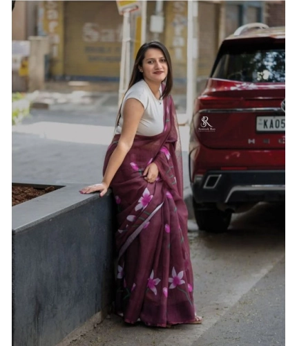 Generic Women's Linen Printed Saree With Unstitched Blouse 5.5Mtr (Brown)