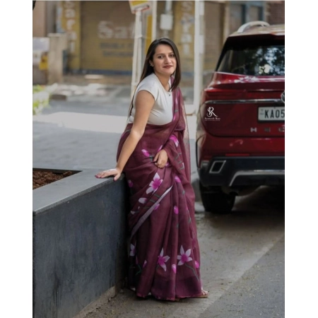 Generic Women's Linen Printed Saree With Unstitched Blouse 5.5Mtr (Brown)