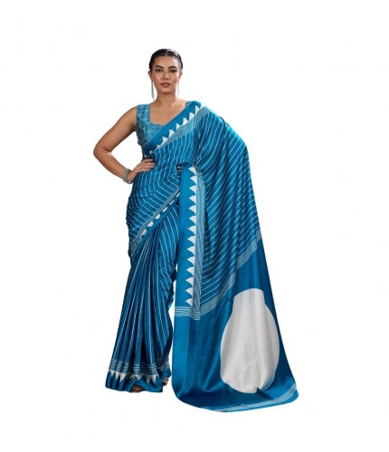 Generic Women's Satin Crepe Printed Saree With Unstitched Blouse 5.5Mtr (Rama Blue)
