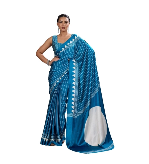 Generic Women's Satin Crepe Printed Saree With Unstitched Blouse 5.5Mtr (Rama Blue)