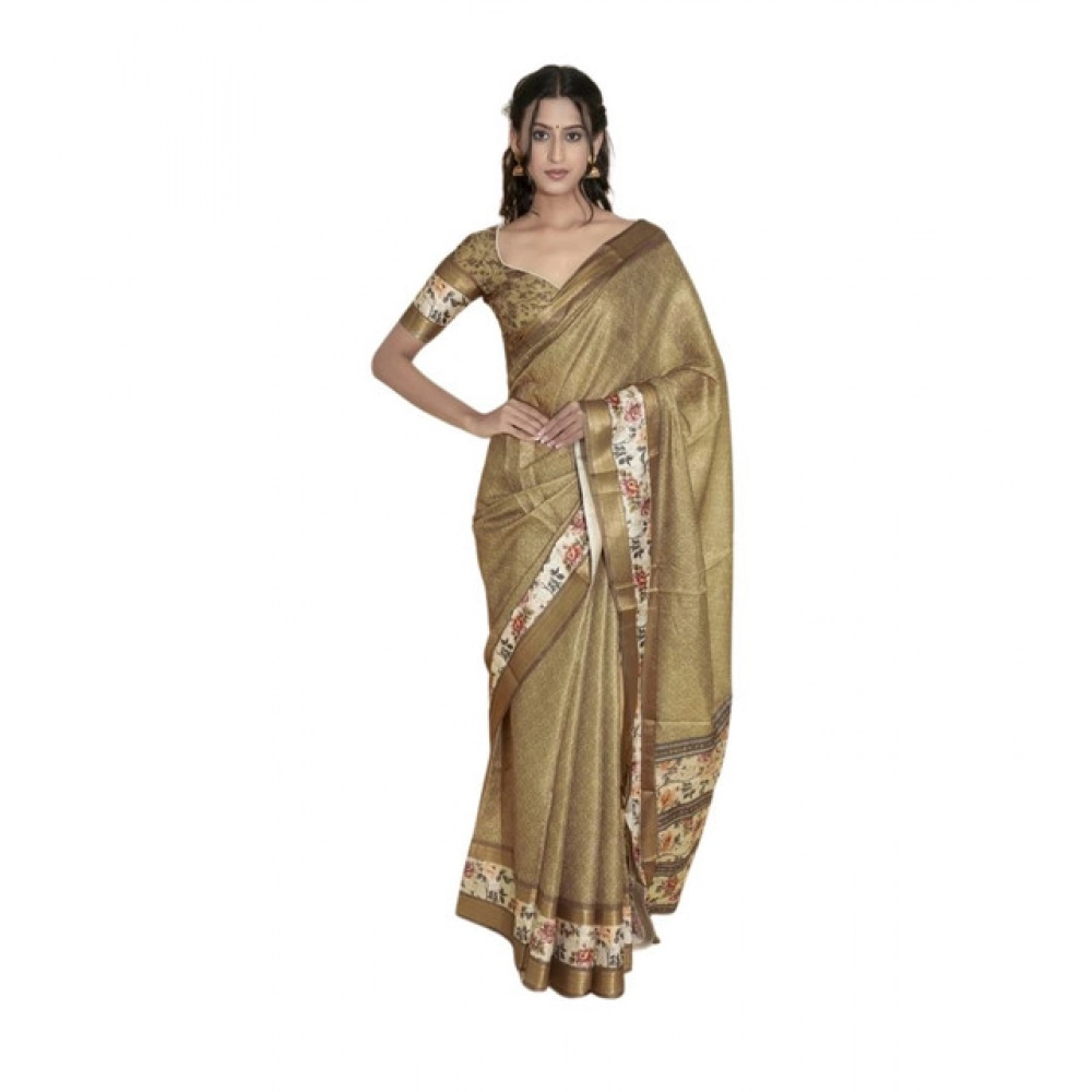 Women's Polyester Printed Saree With Unstitched Blouse 5.5 Mtr (Gold)
