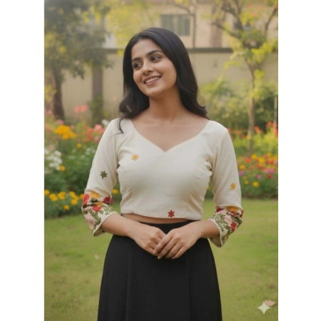 Generic Women's Cambric Cotton Round Neck Padded Blouse (White, 38 Ready Size (Self-Alterable 36–40)