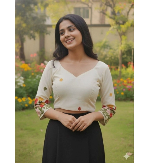 Generic Women's Cambric Cotton Round Neck Padded Blouse (White, 38 Ready Size (Self-Alterable 36–40)