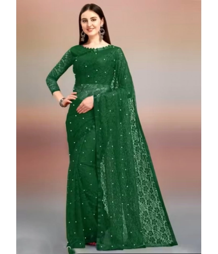 Generic Women's Net Self Design Saree With Unstitched Blouse 5.5Mtr (Green)