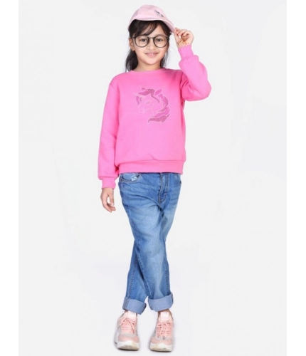 Generic Girl's Fleece Embellished Long Sleeves Sweatshirt (Pink)