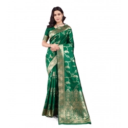 Generic Women's Banarasi Silk Printed Saree With Unstitched Blouse 5.5Mtr (Green)