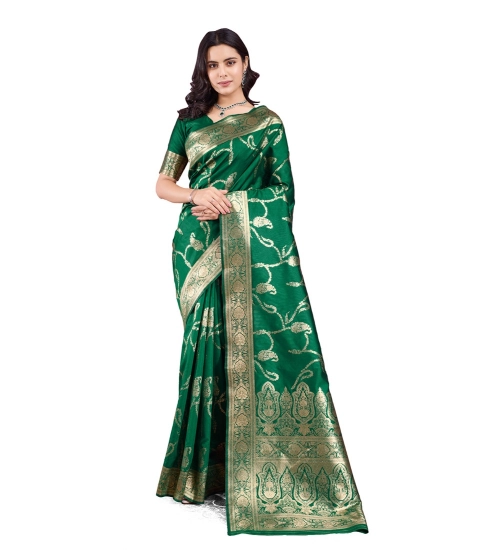 Generic Women's Banarasi Silk Printed Saree With Unstitched Blouse 5.5Mtr (Green)