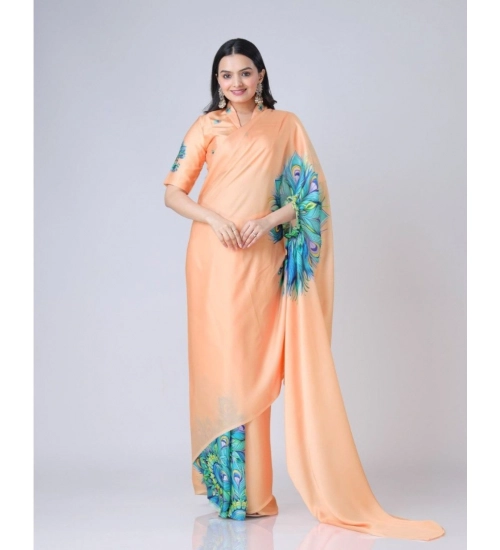 Generic Women's Soft Crepe Silk Printed Ready To Wear Saree With Unstitched Blouse 5.5Mtr (Orange)