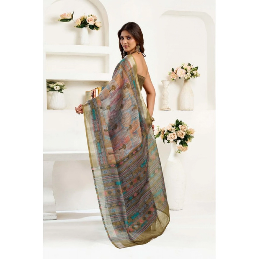 Generic Women's Linen Cotton Printed Ready To Wear Saree With Unstitched Blouse 5.5 Mtr (Multicolor)