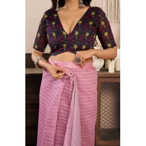 Generic Women's Faux Linen Geometric Ready to wear Saree With Unstitched Blouse 5.5Mtr (LightPink)
