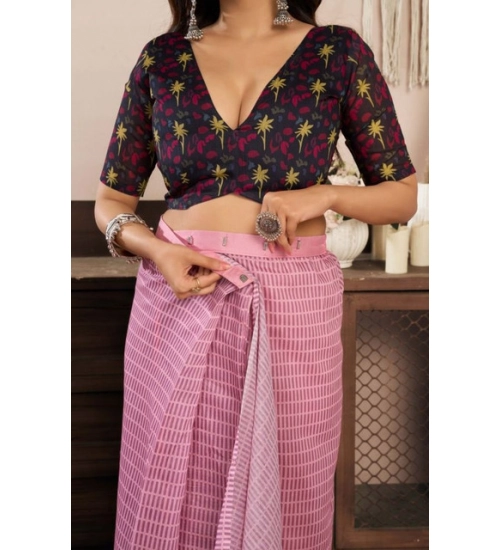 Generic Women's Faux Linen Geometric Ready to wear Saree With Unstitched Blouse 5.5Mtr (LightPink)