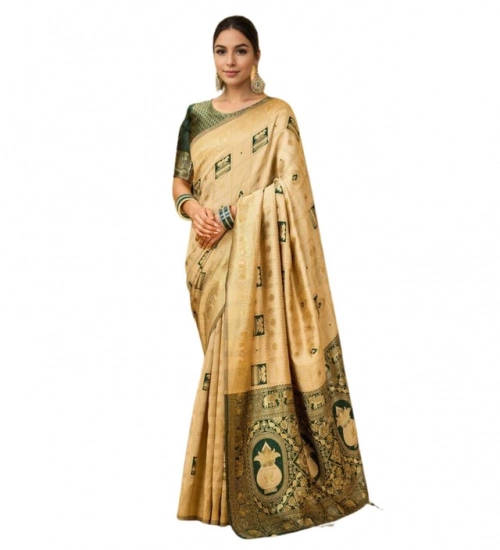 Generic Women's Silk Blend Woven Zari Work Saree With Unstitched Blouse 5.5Mtr (Cream)