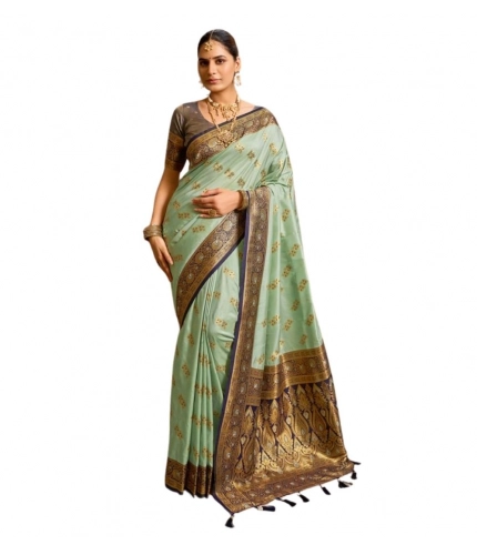 Generic Women's Silk Blend Booti Work Ready to wear Saree With Unstitched Blouse 5.5Mtr (SeaGreen)