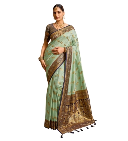 Generic Women's Silk Blend Booti Work Ready to wear Saree With Unstitched Blouse 5.5Mtr (SeaGreen)