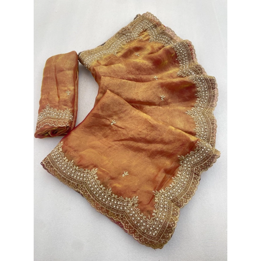 Generic Women's Satin Embellished Saree With Unstitched Blouse 5.5Mtr�(Orange)