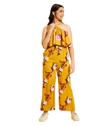 Generic Girl's Polyester Crepe Floral Sleeveless Jumpsuit (Mustard)