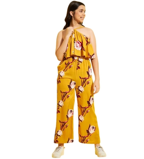 Generic Girl's Polyester Crepe Floral Sleeveless Jumpsuit (Mustard)