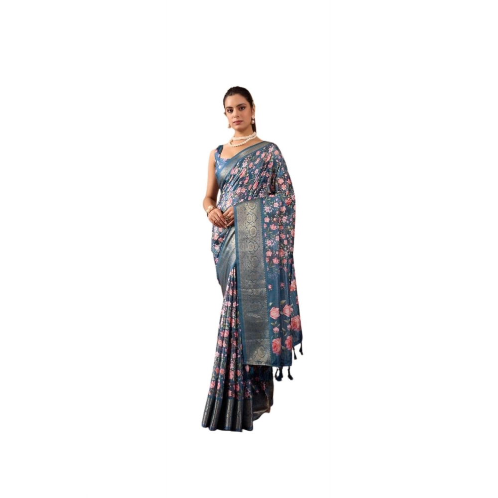 Generic Women's Faux_Silk Printed Saree With Unstitched Blouse 5.5Mtr (Blue)