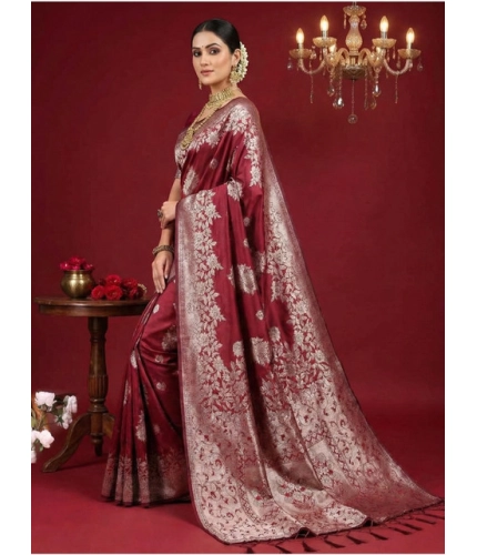 Generic Women's Silk Blend Printed Saree With Unstitched Blouse 5.5Mtr (Maroon)