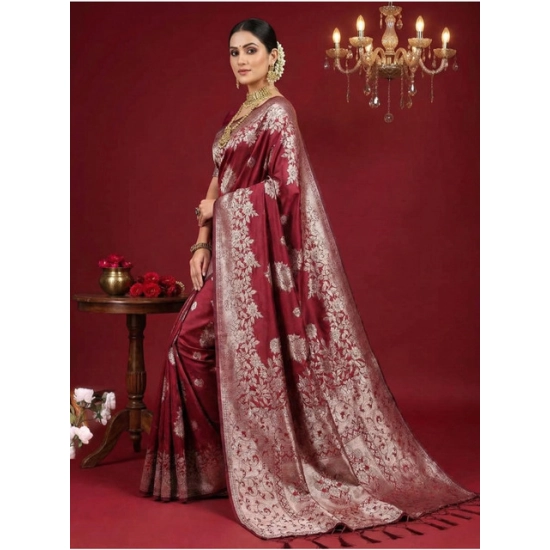 Generic Women's Silk Blend Printed Saree With Unstitched Blouse 5.5Mtr (Maroon)