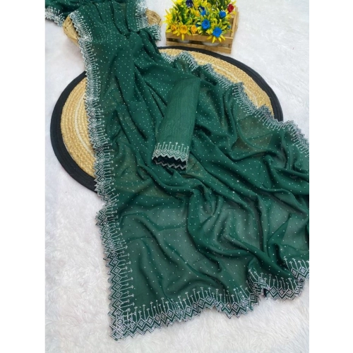 Women's Georgette Stone Work Saree With Unstitched Blouse 5.5Mtr (Green)