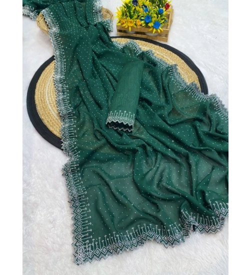 Generic Women's Georgette Stone Work Saree With Unstitched Blouse 5.5Mtr (Green)