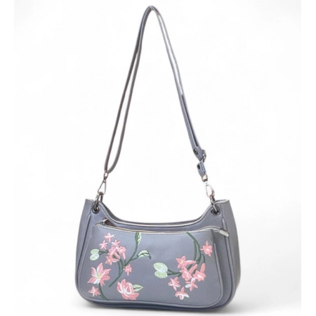 Generic Women's Polyurethane Floral Embroidered Crossbody Sling Bag with Adjustable &amp; Removable Strap (Grey)