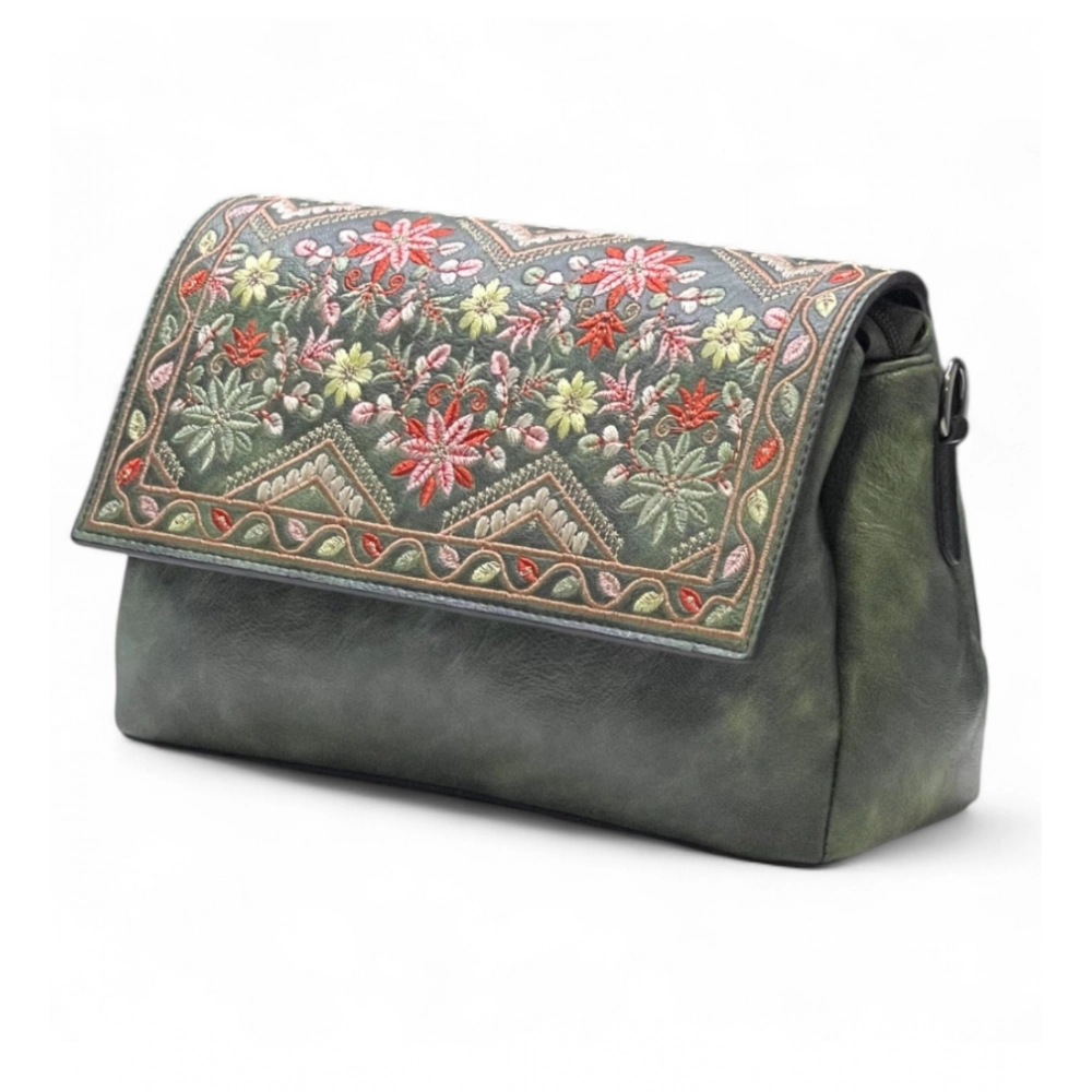Generic Women's Polyurethane Floral Embroidered Crossbody Sling Bag with Adjustable & Removable Strap (Green)
