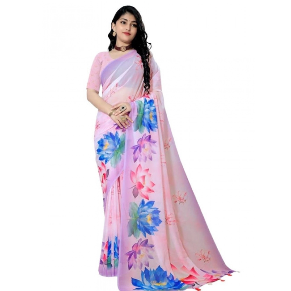 Women's Georgette Floral Printed Saree With Unstitched Blouse 5.5Mtr (Light Pink)