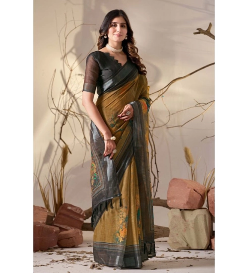 Generic Women's Faux_Linen Printed Saree With Unstitched Blouse 5.5Mtr (Mustard)
