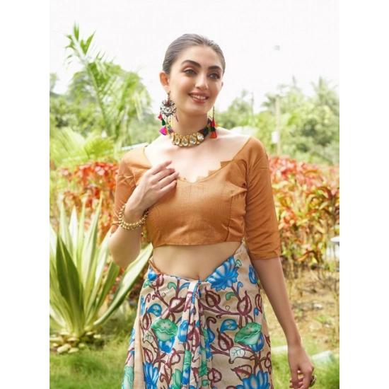 Generic Women's Faux_Tussar Kalamkari_Print Saree With Unstitched Blouse 5.5Mtr (Brown) Generic Women's Faux_Tussar Kalamkari_Print Saree With Unstitched Blouse 5.5Mtr (Brown)