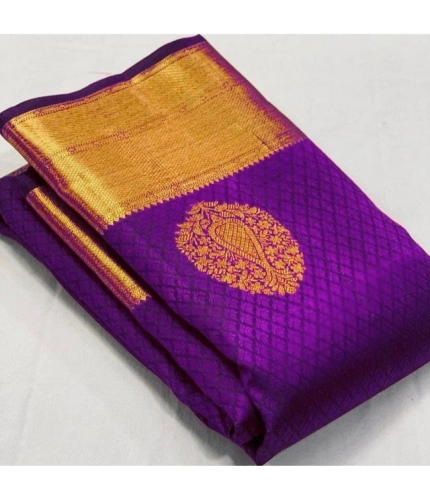Generic Women's Soft Lichi Silk Printed Saree With Unstitched Blouse 5.5Mtr (Purple)