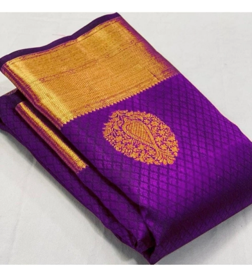 Generic Women's Soft Lichi Silk Printed Saree With Unstitched Blouse 5.5Mtr (Purple)