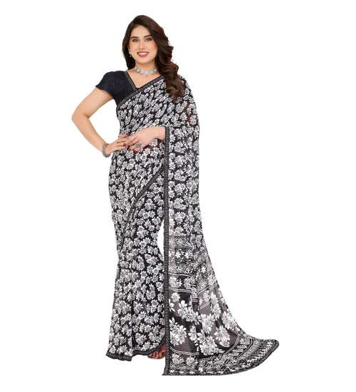 Generic Women's Georgette Printed Saree With Unstitched Blouse 5.5Mtr (Black)