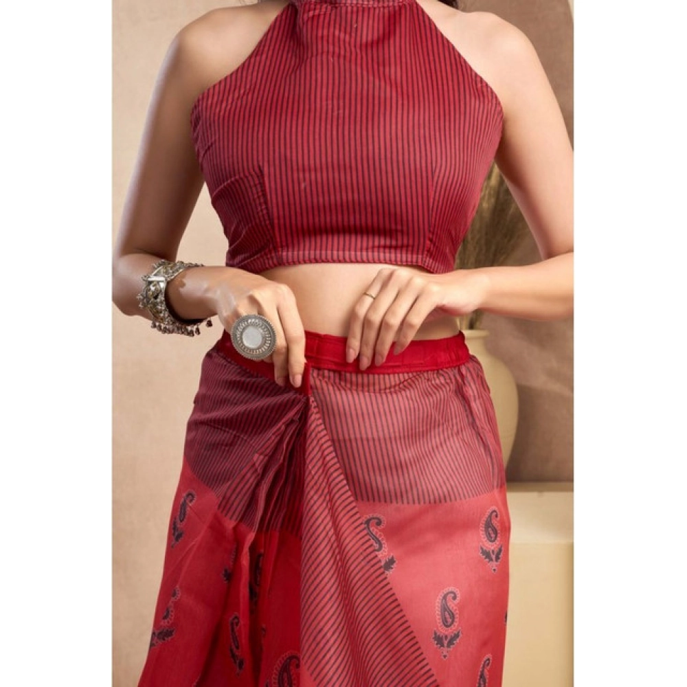 Generic Women's Faux_Linen Printed Ready-to-Wear Saree With Unstitched Blouse 5.5 Mtr (Red)